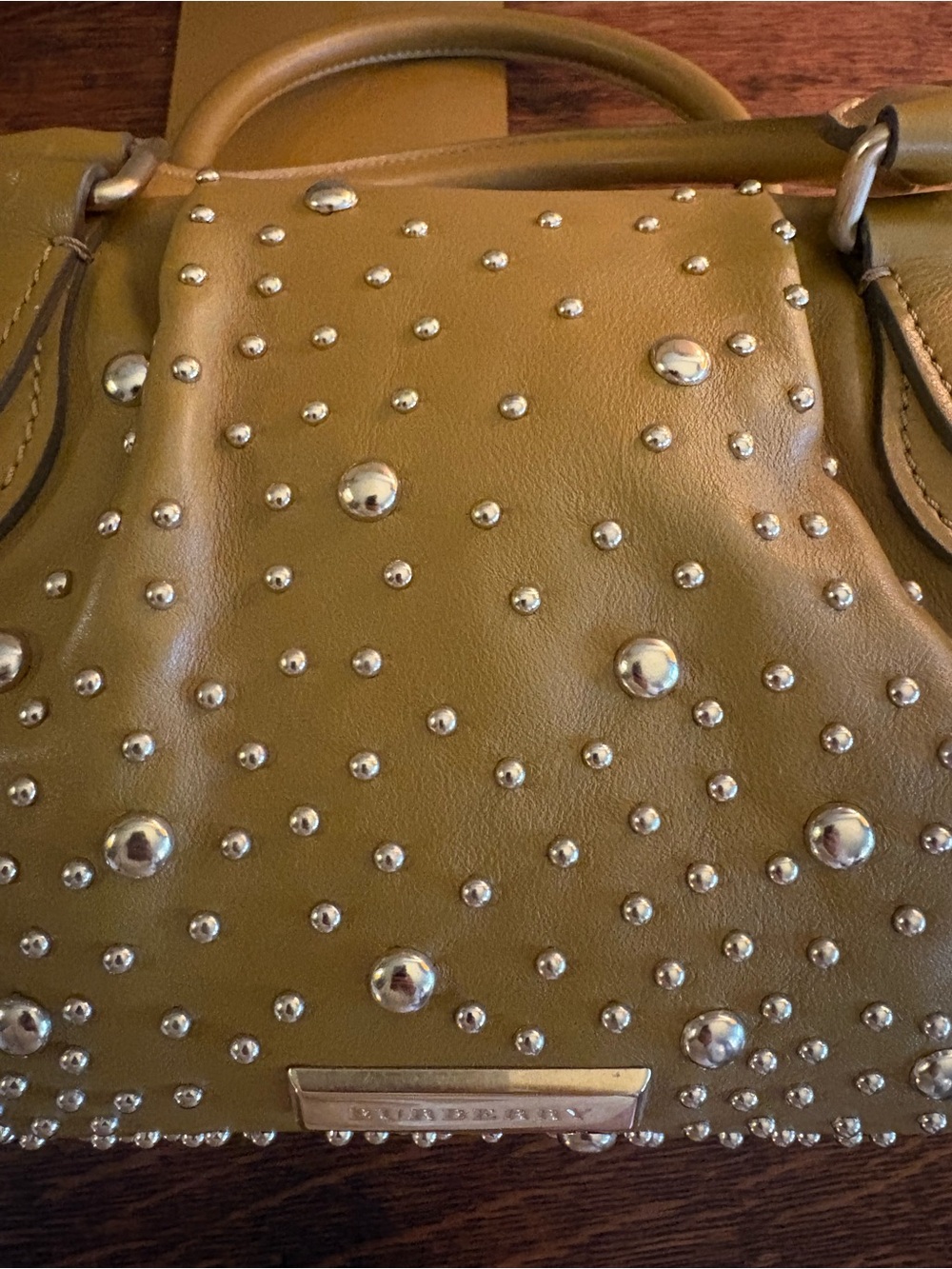 Burberry Orchard Studded Olive Leather Bowling Satchel Bag - Picture 5 of 17